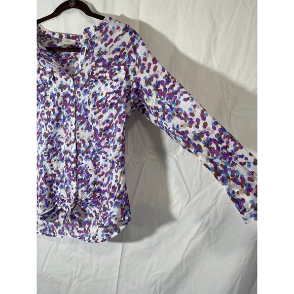 Loft long sleeve button up collar V-neck chest pockets white multicolor med READ - Picture 3 of 8